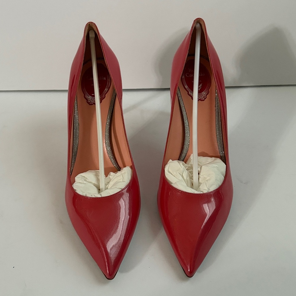 Rene Caovilla “Barbie” Pink Patent Pumps w/diamond-effect soles & edged liner